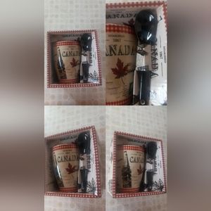 CANADIAN CERAMIC MUG WITH SPOON SOUVENIRS GIFT PACK. MADE IN CANADA! CREAM & RED